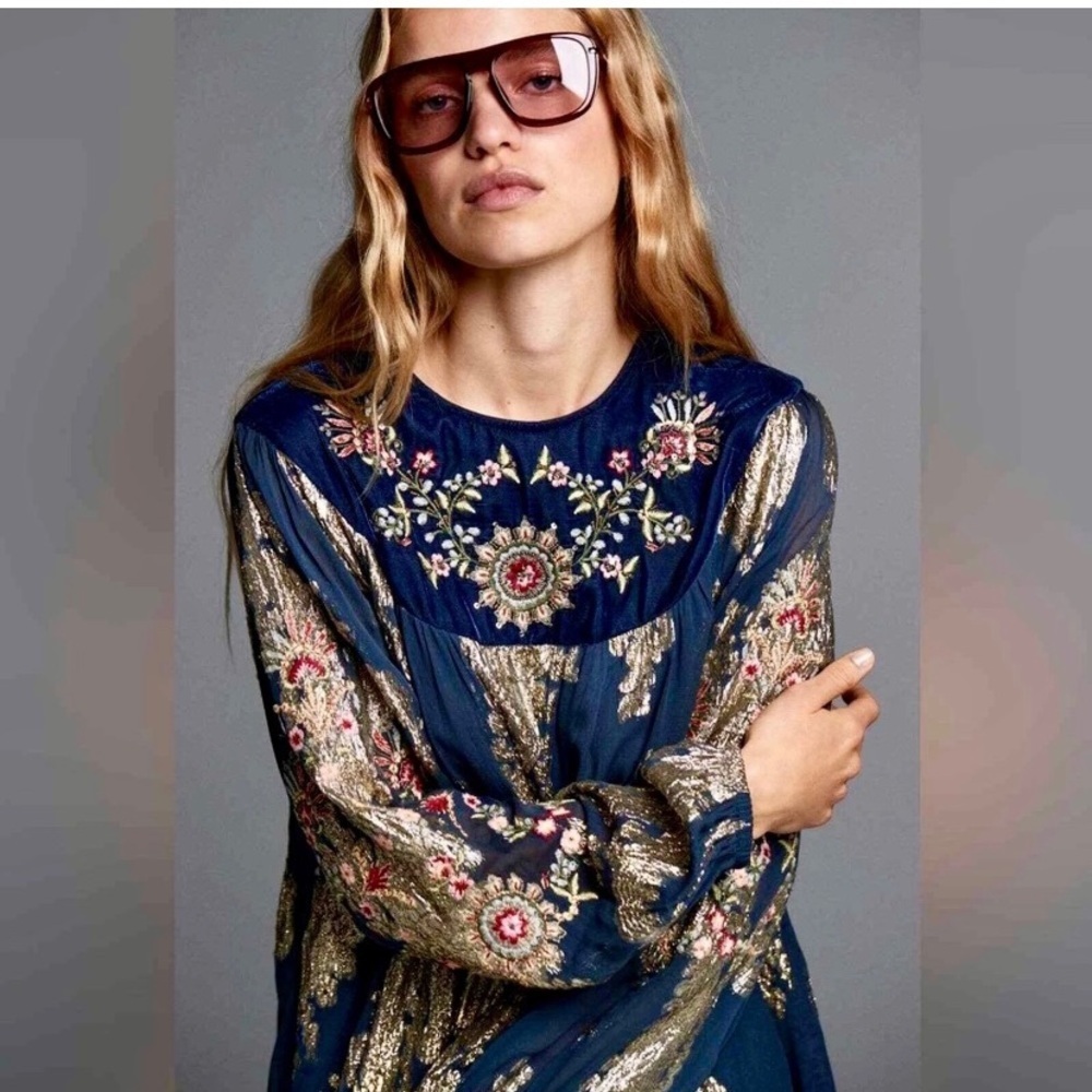 Zara Navy and Gold Embroidered Dress - Picture 11 of 11